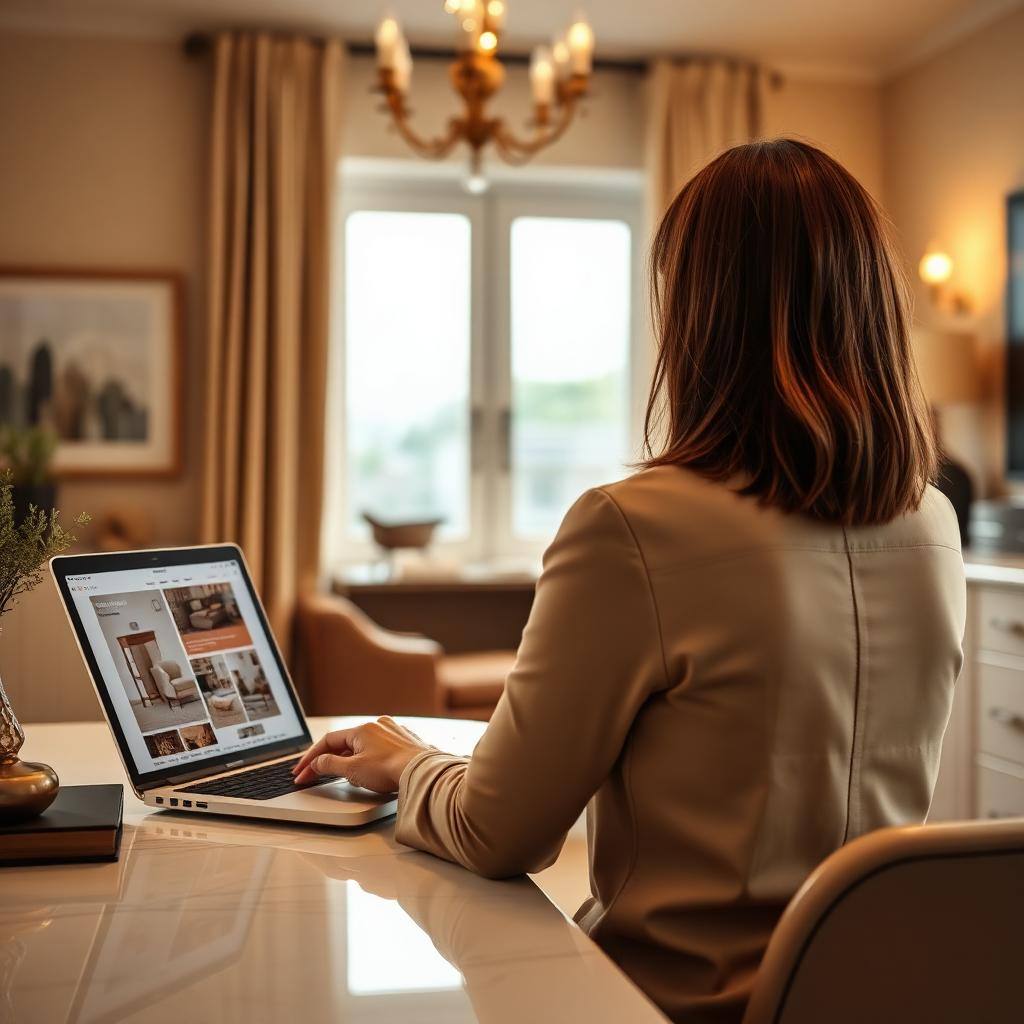 Interior designer at her laptop browsing the co-op catalog