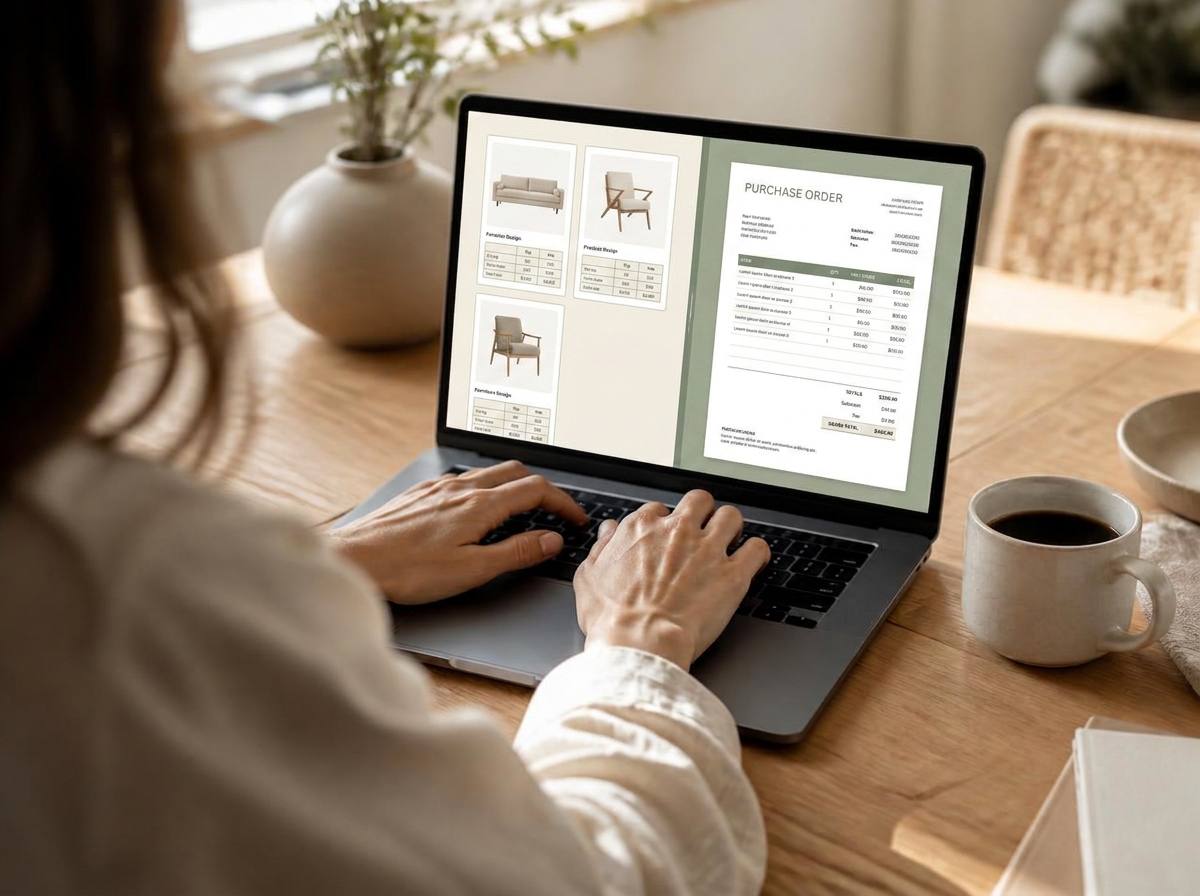 Designer at her laptop moving from catalog search to a purchase order